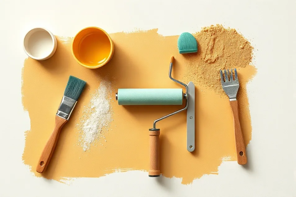 Outils de peinture disposés dans l'ordre des étapes du chantier
