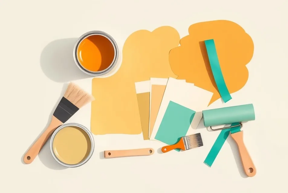 Pots de peinture, nuancier, brosses et rouleaux disposés à plat