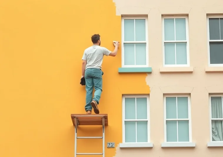 Peintre sur échafaudage traitant la façade d'une maison
