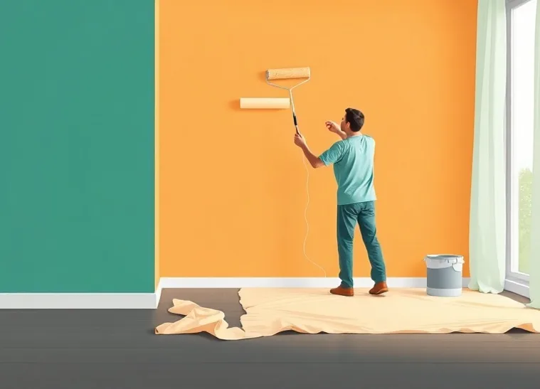 Peintre appliquant la peinture au rouleau sur un mur de salon
